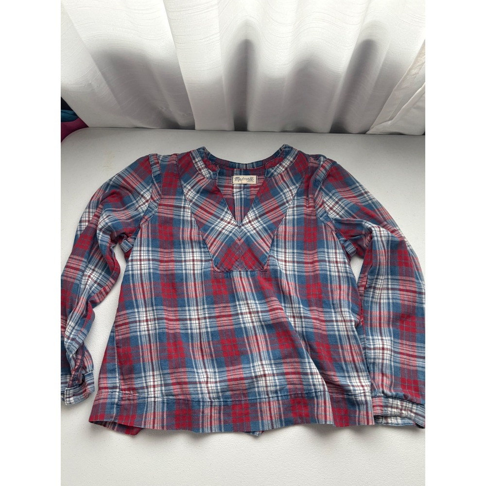 Madewell Womens Red Blue Plaid Flannel Split Neck Pullover Top E6016 Large